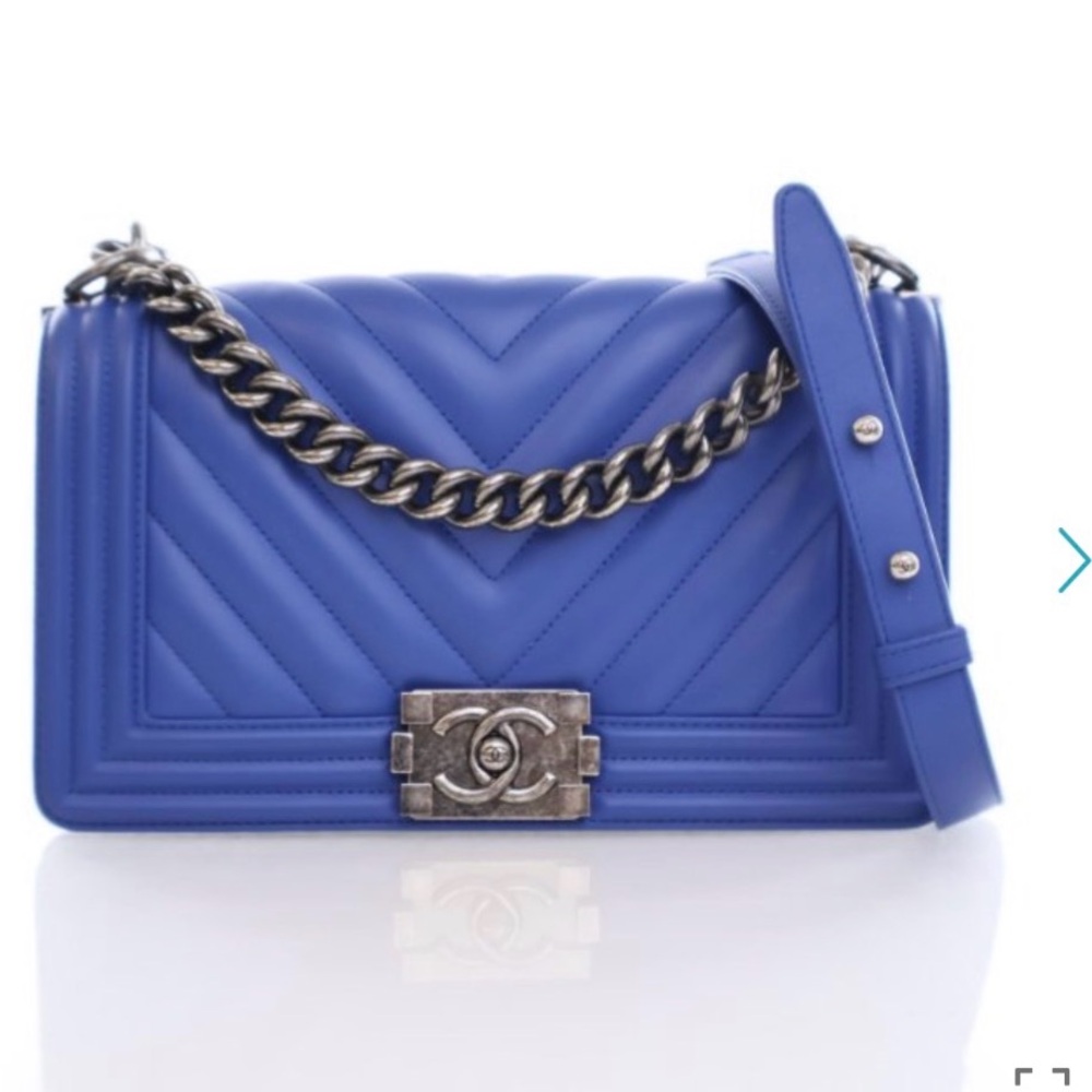 😍💙Chanel Blue chevron quilted  Shoulder Bag with Chain Boy Bag